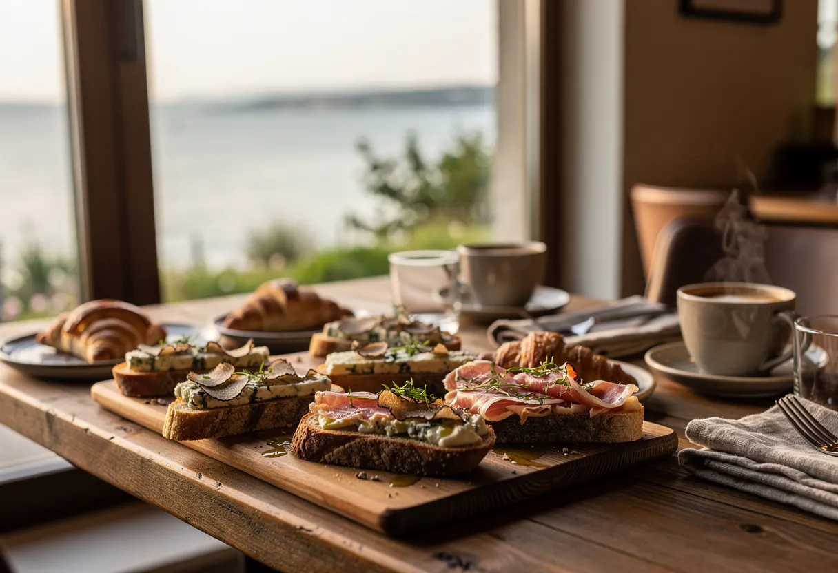 rustic table by the lake with assorted bruschetta boards, sourdough topped with gorgonzola speck and truffle cream, golden afternoon light