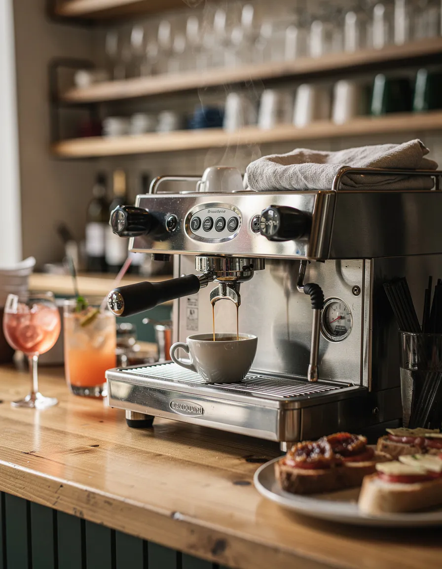 espresso being pulled from a professional coffee machine with golden crema in a warm modern Italian cafe