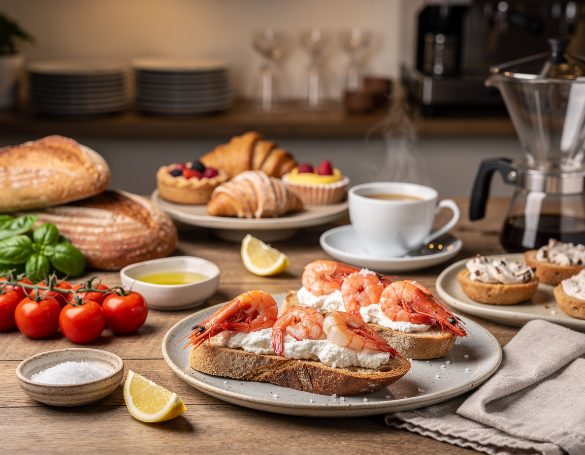 bruschetta with raw red prawn stracciatella cheese and maldon sea salt on sourdough, fresh and bright