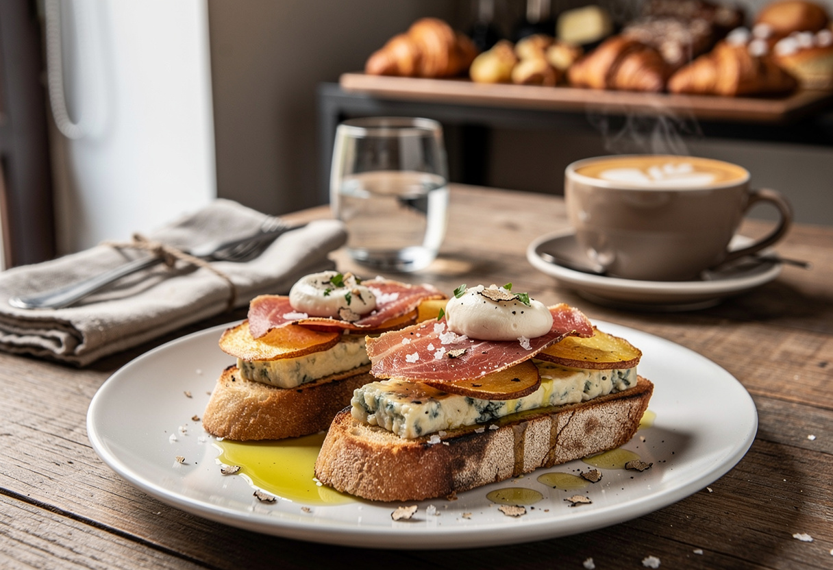 bruschetta with gorgonzola speck crispy potato and truffle cream on grilled sourdough, drizzled with olive oil
