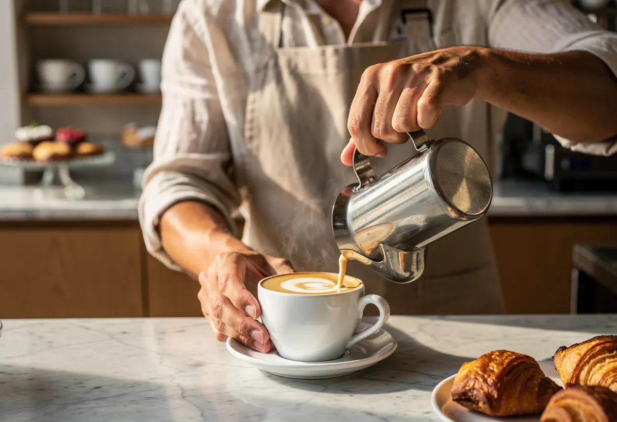 close-up of a barista pouring a cappuccino into a white ceramic cup on a marble counter with warm morning light