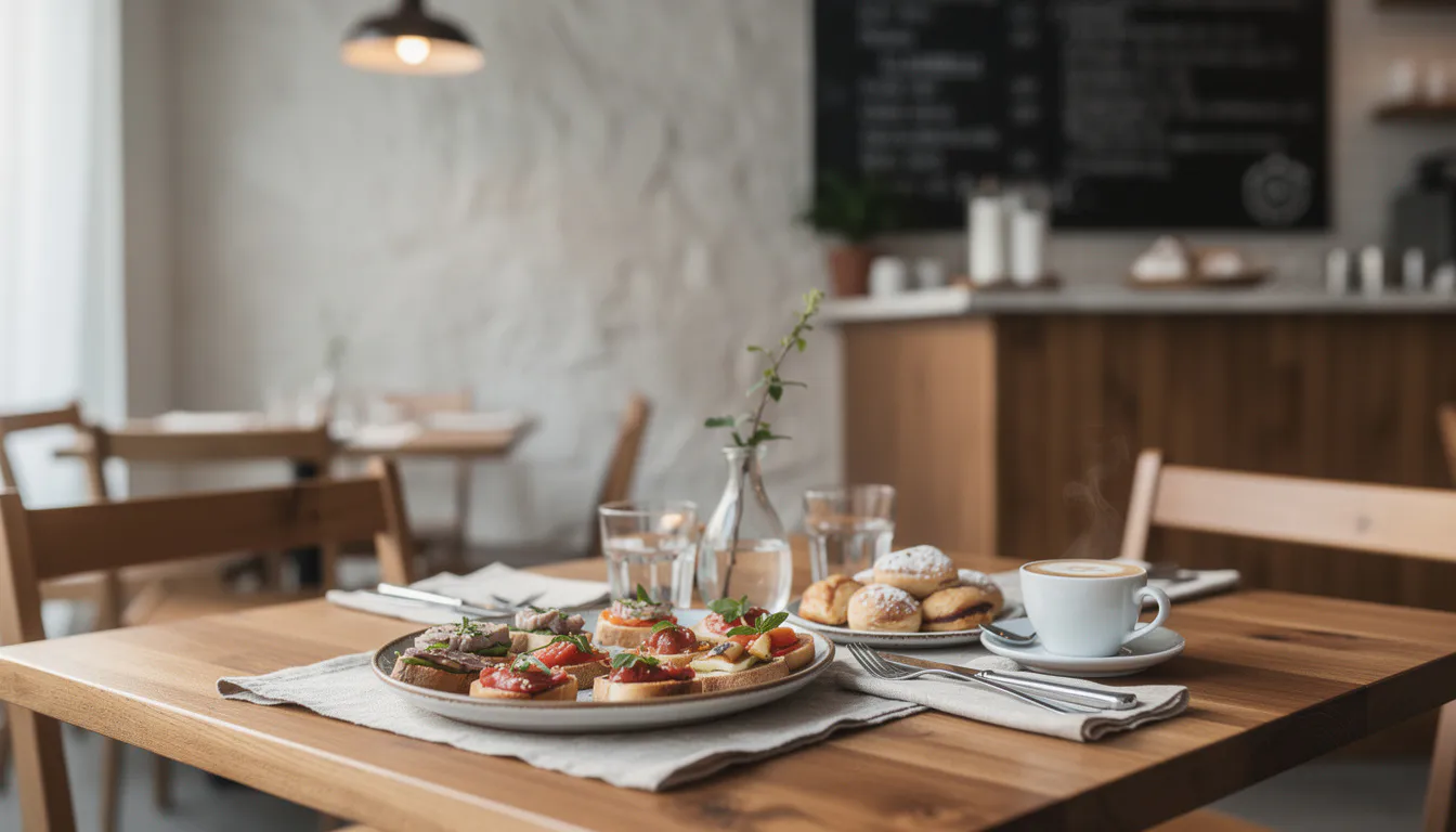 warm interior detail of a modern Italian bruschetteria with wooden tables, hanging lights, and a chalkboard menu in soft afternoon light