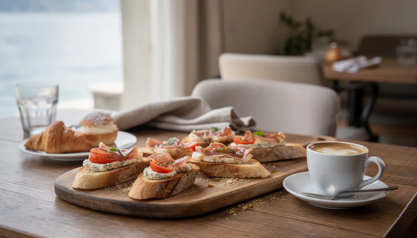 rustic sourdough bruschetta boards topped with gorgonzola speck and fresh tomatoes on a wooden table by a sunlit Italian lake window