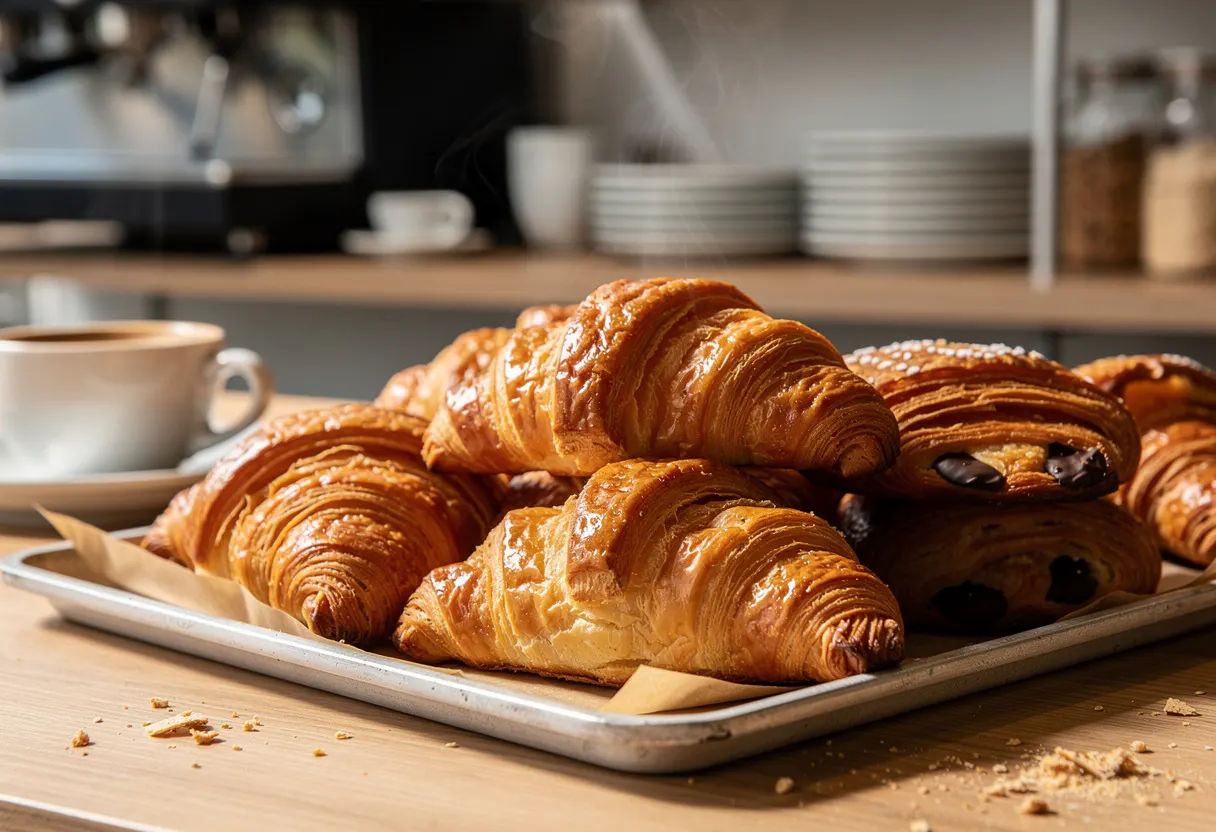 freshly baked golden croissants and pain au chocolat arranged on a tray in a warm Italian bakery display