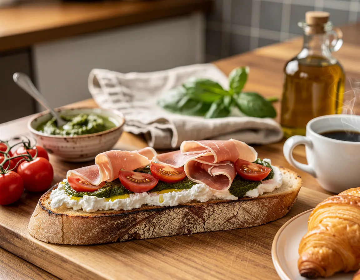 bruschetta topped with stracciatella fresh cherry tomatoes basil pesto and raw ham on grilled sourdough, close-up in warm light