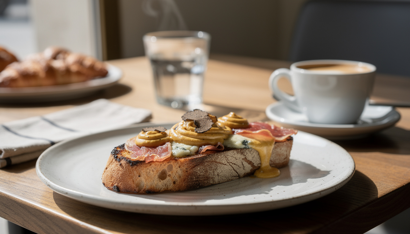 artisan bruschetta topped with melted gorgonzola speck and truffle cream on rustic sourdough, warm natural light, close-up