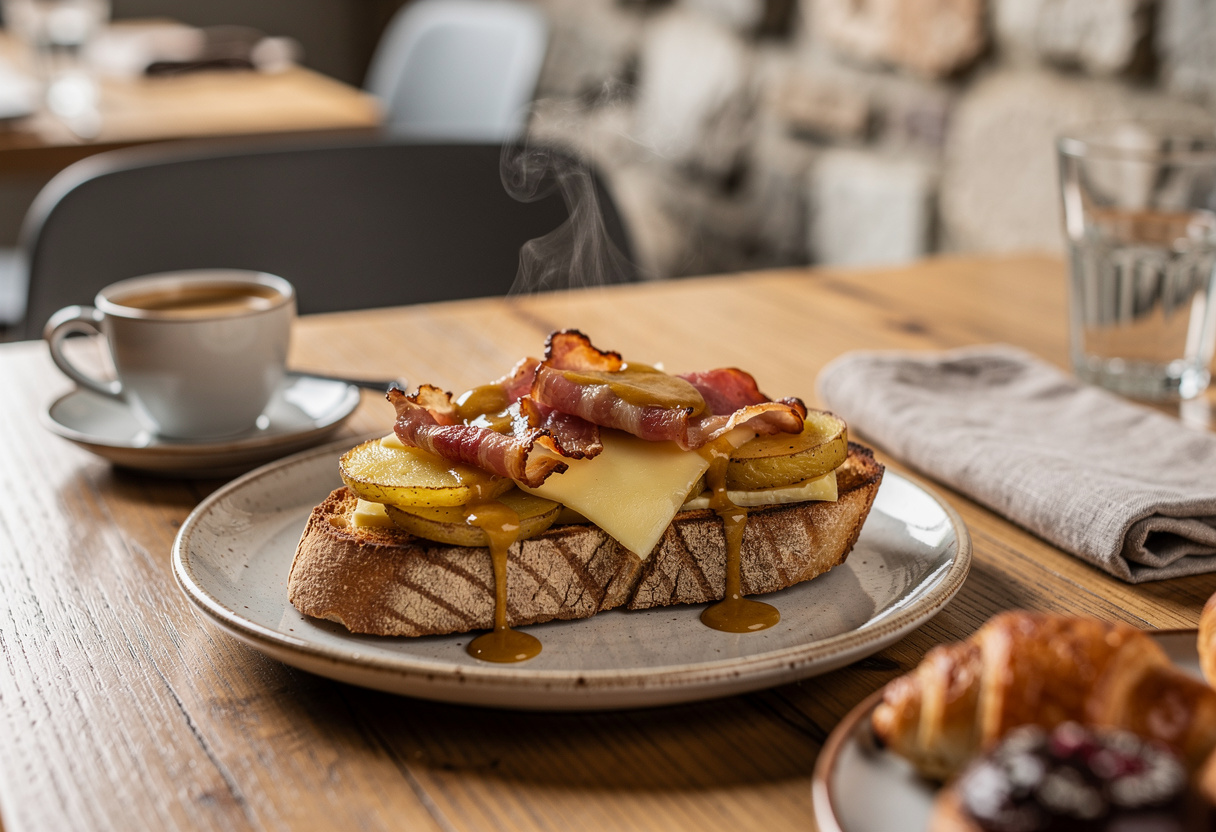 bruschetta with crispy bacon melted edamer cheese potato and honey mustard sauce on rustic grilled bread
